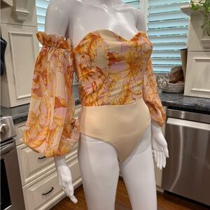 RNWY Floral Off-Shoulder Bodysuit - Cream and Orange XS